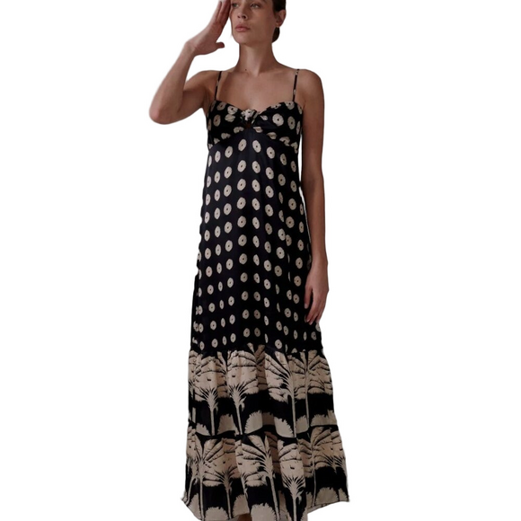 NWT JUAN DE DIOS Julieta Silk Maxi Dress Black/Cream With Palm Print Size 0 - Picture 1 of 4